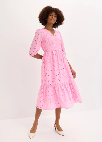 Robe midi 100% coton à broderie anglaise, Couleur: rose