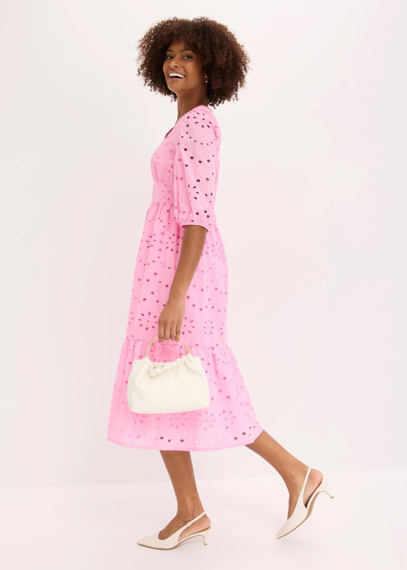 Midi jurk met broderie anglaise van puur katoen • roze • bonprix online shop