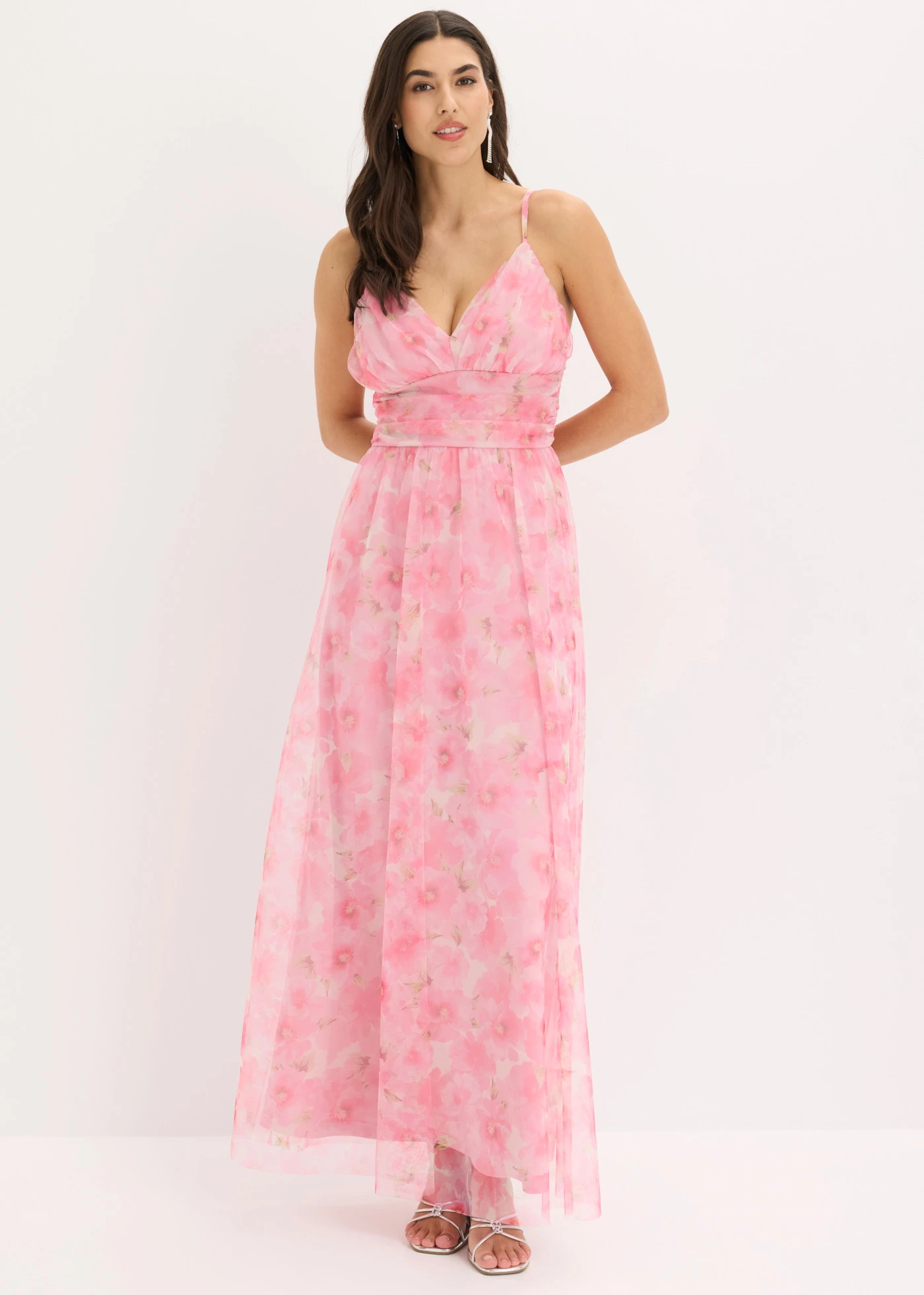 Maxi jurk van zacht tule met drapering • wit-roze gebloemd • bonprix online shop