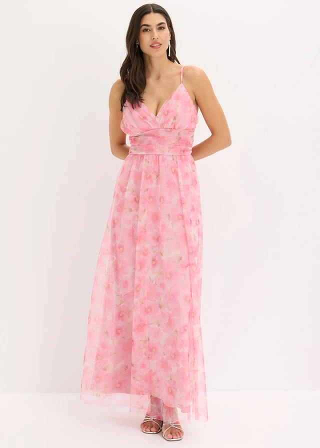 Robe longue et drapée en tulle délicat, Couleur: blanc/rose floral
