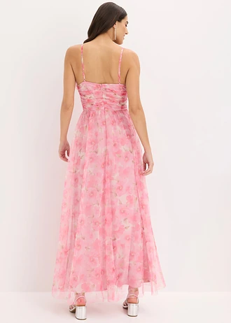 Robe longue et drapée en tulle délicat • blanc/rose floral • Boutique bonprix