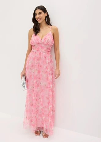 Robe longue et drapée en tulle délicat • blanc/rose floral • Boutique bonprix