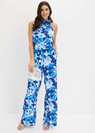 Jumpsuit van glanzend satijn, Kleur: blauw gebloemd