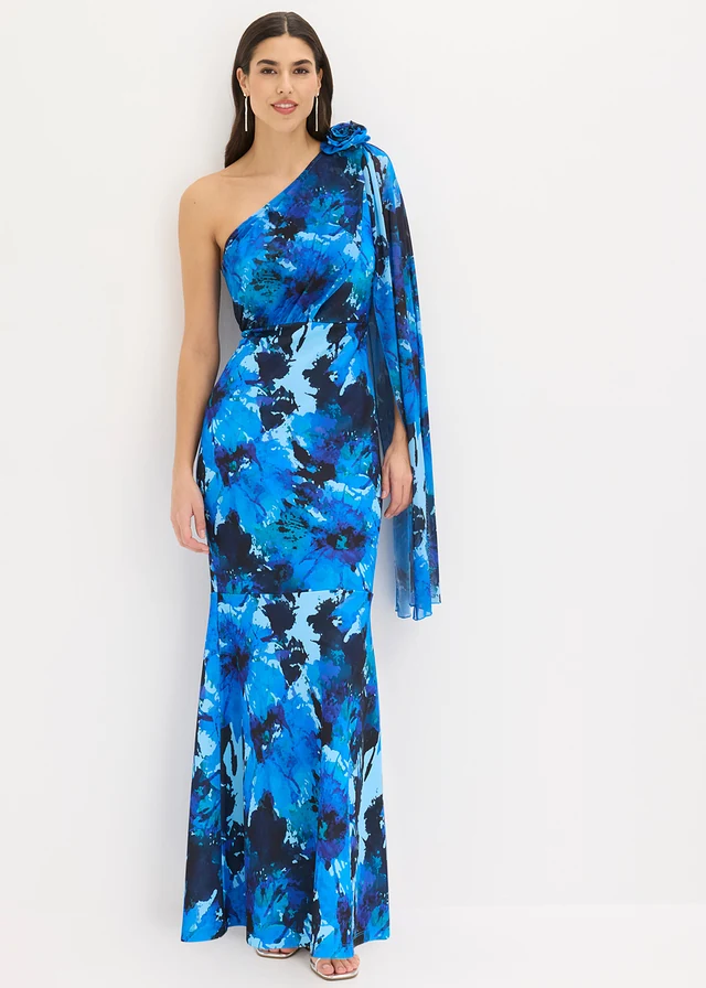 Robe de soirée une épaule avec application de fleur, Couleur: bleu floral