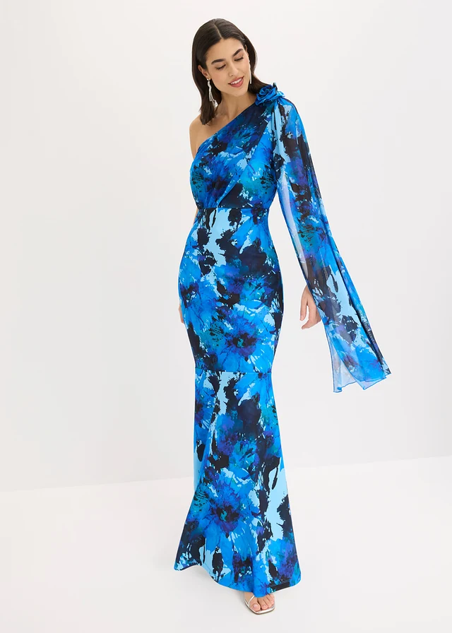 One shoulder galajurk met bloemenapplicatie, Kleur: blauw gebloemd