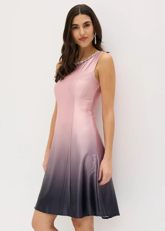 Robe courte en satin brillant, Couleur: rose-noir imprimé