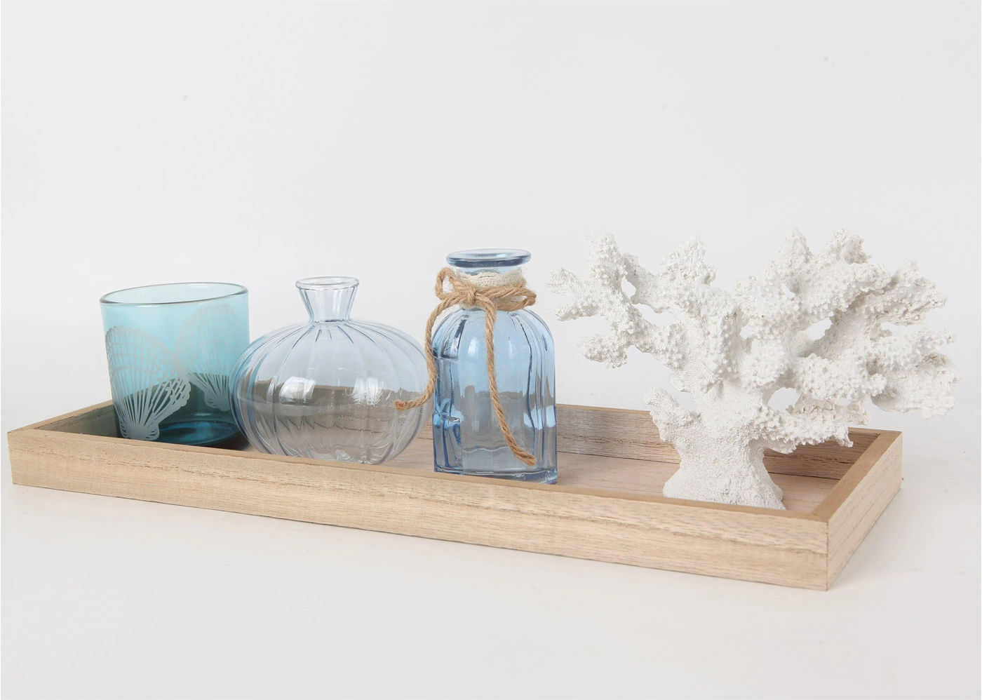 Set deco tavă + vaze + suport de lumânări (set/5 piese) • albastru/alb • magazin bonprix