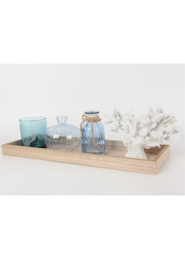 Ensemble plateau déco avec vases + photophore (ens. 5 pces), Couleur: bleu + blanc