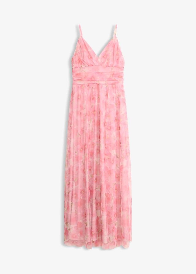 Robe longue et drapée en tulle délicat • blanc/rose floral • Boutique bonprix