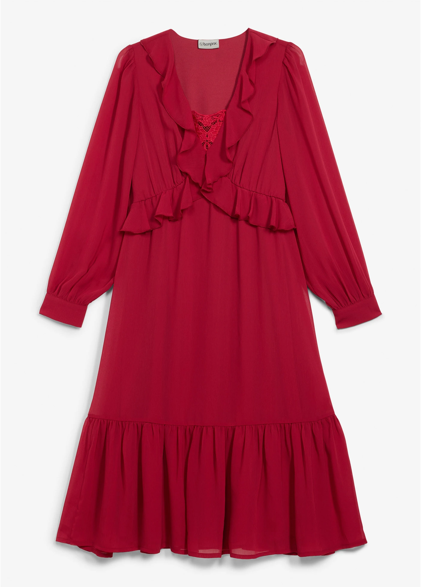 Robe en mousseline à dentelle et volants • rouge cerise • Boutique bonprix
