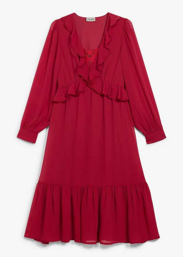 Robe en mousseline à dentelle et volants • rouge cerise • Boutique bonprix