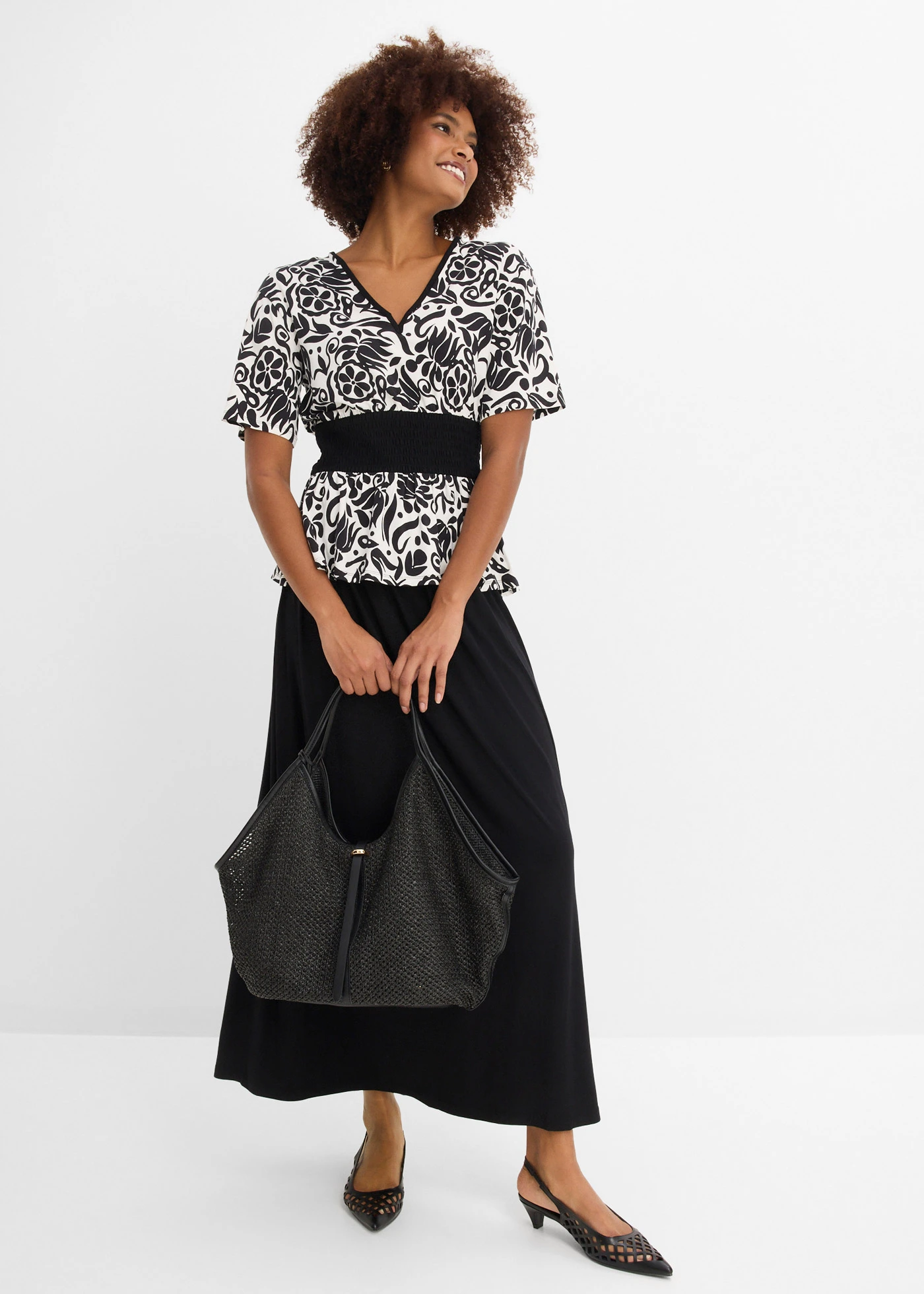 Blouse met diep decolleté • zwart/wit gedessineerd • bonprix online shop