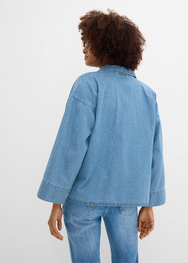 Chemisier en jean 100% coton, Couleur: bleu clair denim