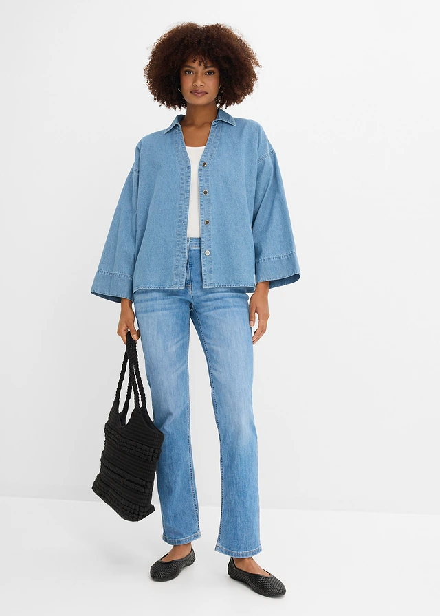 Chemisier en jean 100% coton, Couleur: bleu clair denim