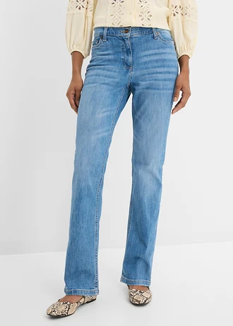 Dżinsy straight, mid waist, z wygodnym paskiem • jasnoniebieski denim "used" • sklep bonprix
