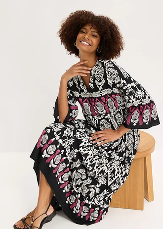 Maxi jurk van soepele viscose • zwart/wolwit/pinklady met print • bonprix online shop