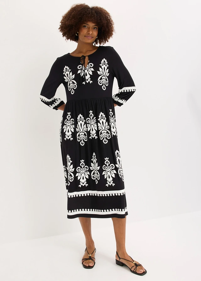 Jersey jurk in een zachte viscosemix • zwart met print • product-page.page-title-suffix