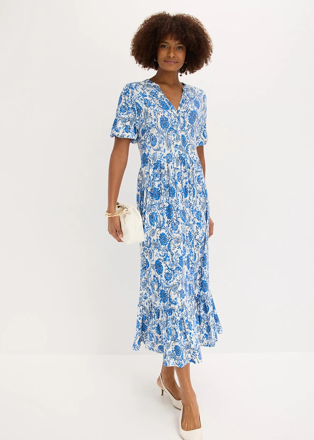 Jersey jurk van een zachte viscosemix, Kleur: wit-blauw gebloemd