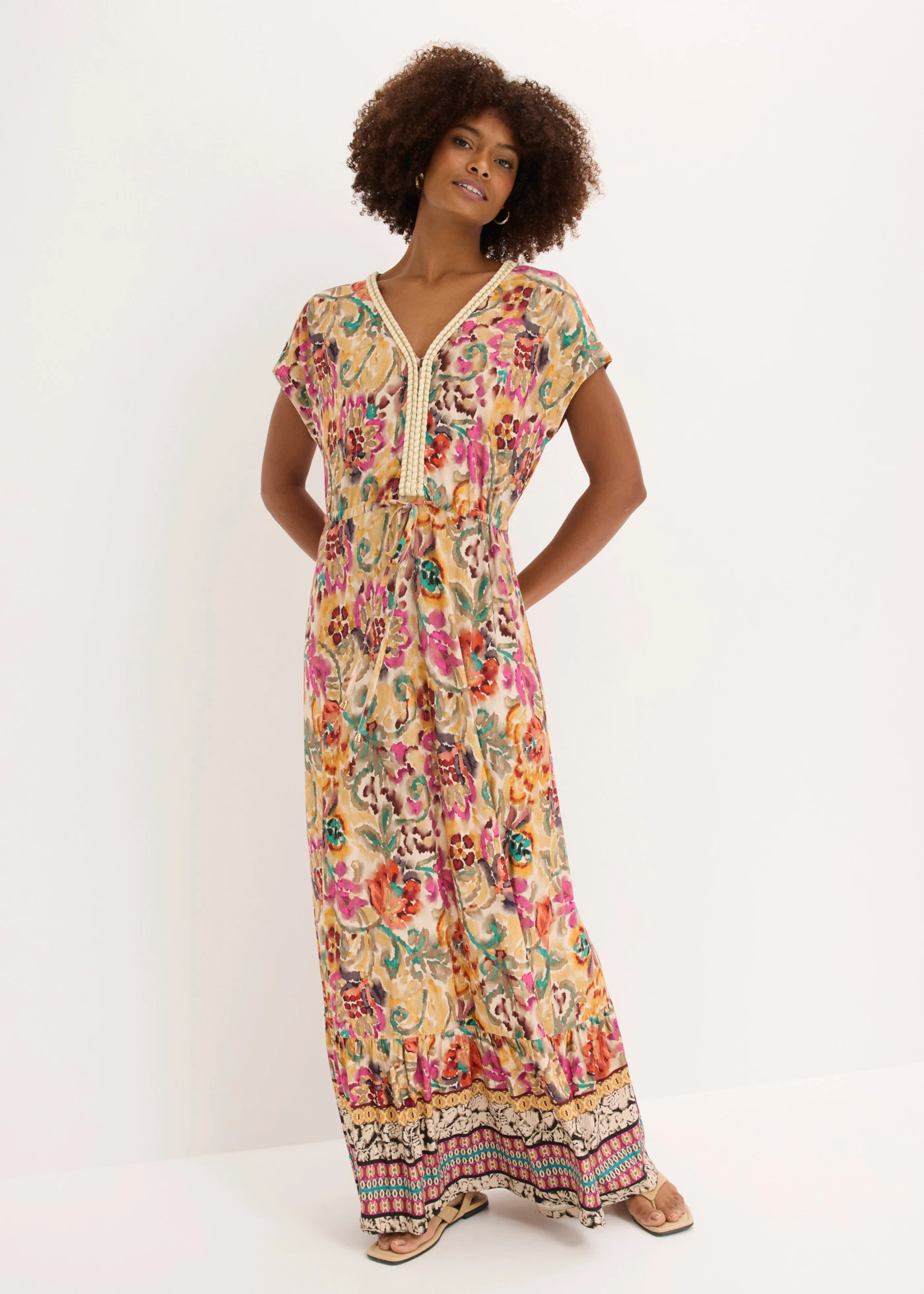 Jersey jurk in een zachte viscosemix • crème-paars-turkoois met print • bonprix online shop