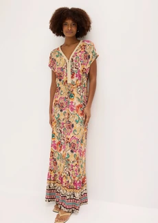 Jersey jurk in een zachte viscosemix • crème-paars-turkoois met print • bonprix online shop