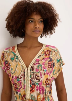 Jersey jurk in een zachte viscosemix • crème-paars-turkoois met print • bonprix online shop