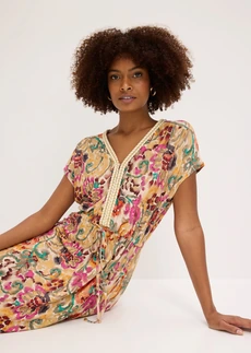 Jersey jurk in een zachte viscosemix • crème-paars-turkoois met print • bonprix online shop