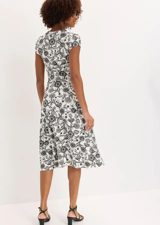 Jersey jurk van viscosemix, Kleur: wolwit gebloemd