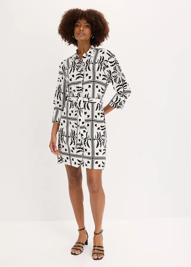 Robe-chemise en viscose fluide, Couleur: noir/écru imprimé