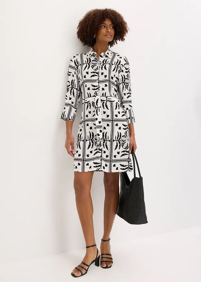 Robe-chemise en viscose fluide, Couleur: noir/écru imprimé