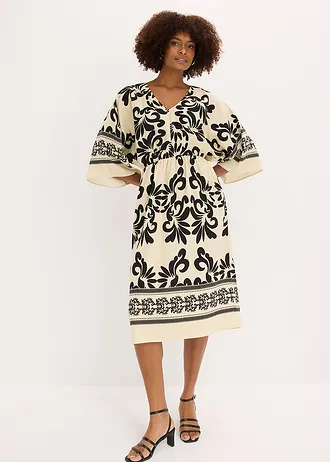 Rochie midi din material fluid cu viscoză • crem-negru cu imprimeu • magazin bonprix