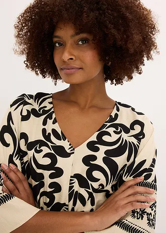 Midi jurk van een soepele viscose-mix • crème-zwart met print • bonprix online shop