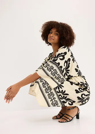 Robe midi fluide en viscose majoritaire • crème-noir imprimé • Boutique bonprix