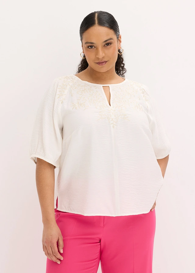 Blouse longue brodée, légèrement transparente, Couleur: écru/sable clair