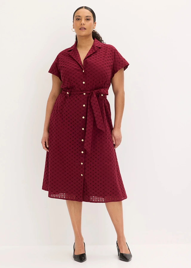 Overhemdjurk met broderie anglaise, Kleur: robijnrood