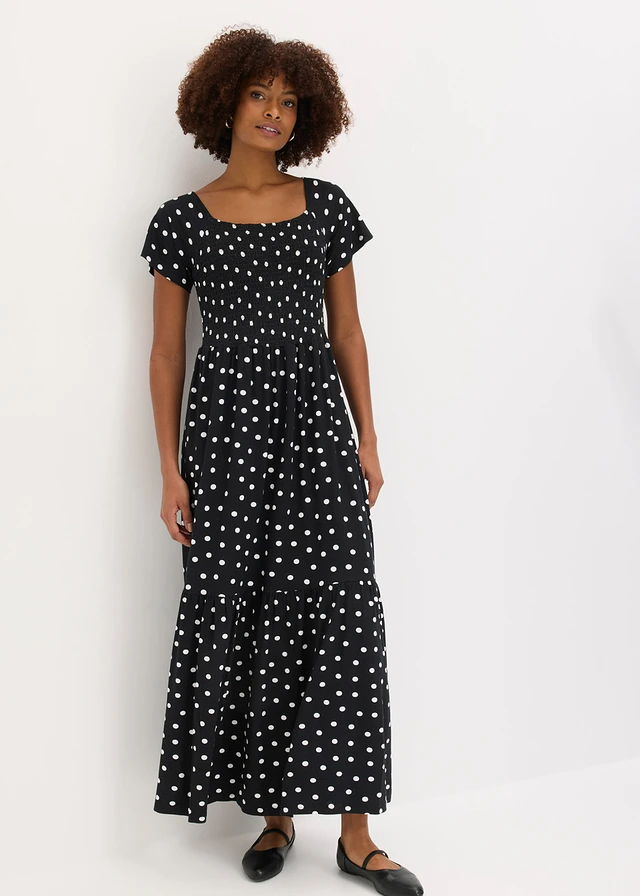 Robe longue en viscose, Couleur: noir pois écru