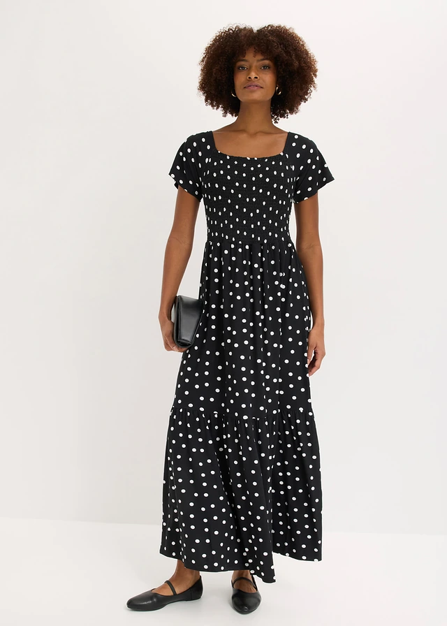 Robe longue en viscose, Couleur: noir pois écru