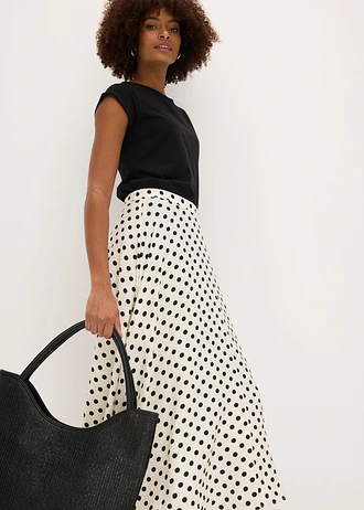 Jupe midi fluide en viscose mélangée • blanc pois noir • Boutique bonprix