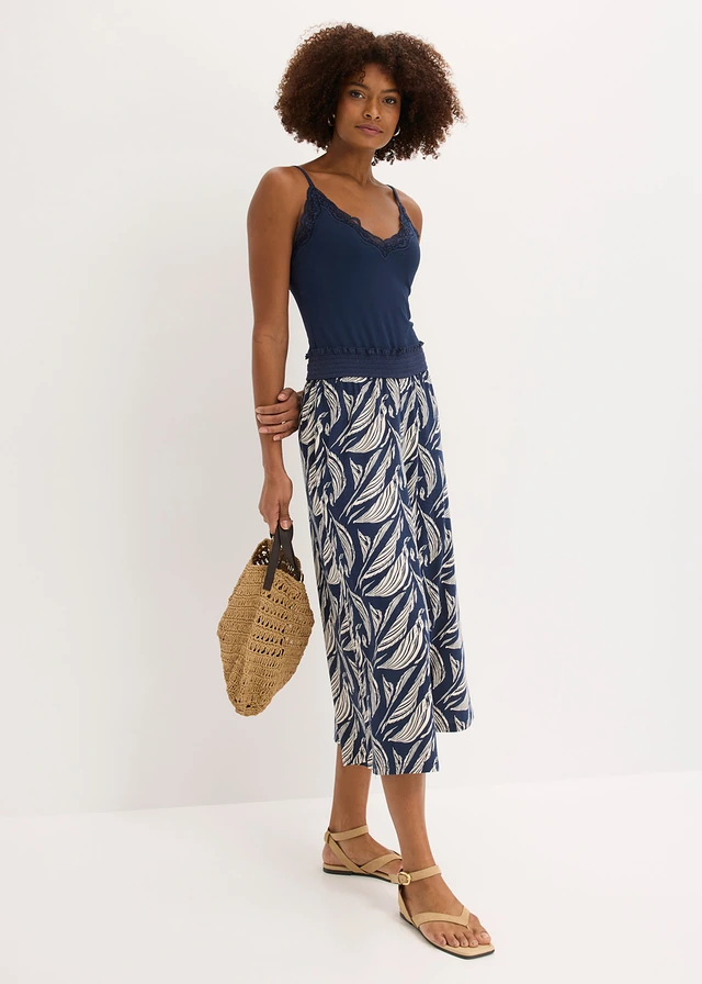 Wijde jersey broek  in een katoen-viscosemix donkerblauw/sandbeige gedessineerd