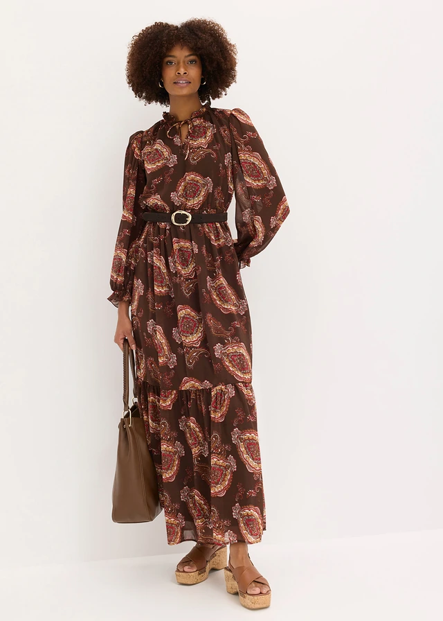 Chiffonjurk donkerbruin met print