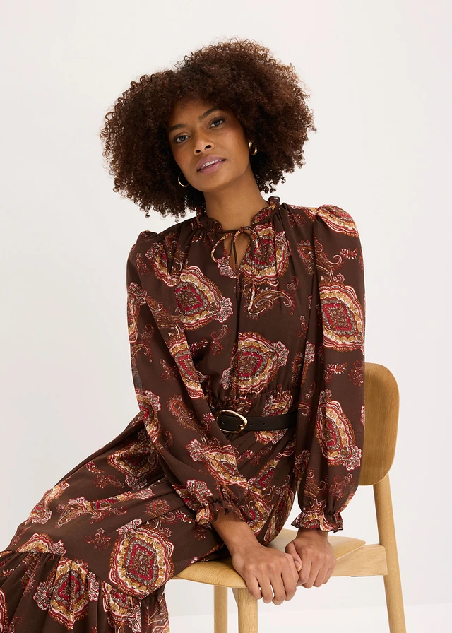 Rochie din șifon • maro închis cu imprimeu • magazin bonprix