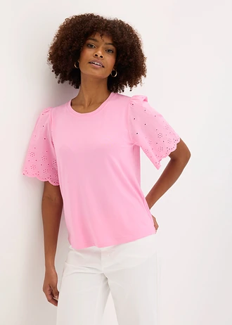 T-shirt doux en viscose extensible avec broderie anglaise, Couleur: rose