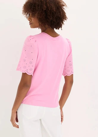 Shirt van een zachte viscosemix met broderie anglaise, Kleur: roze