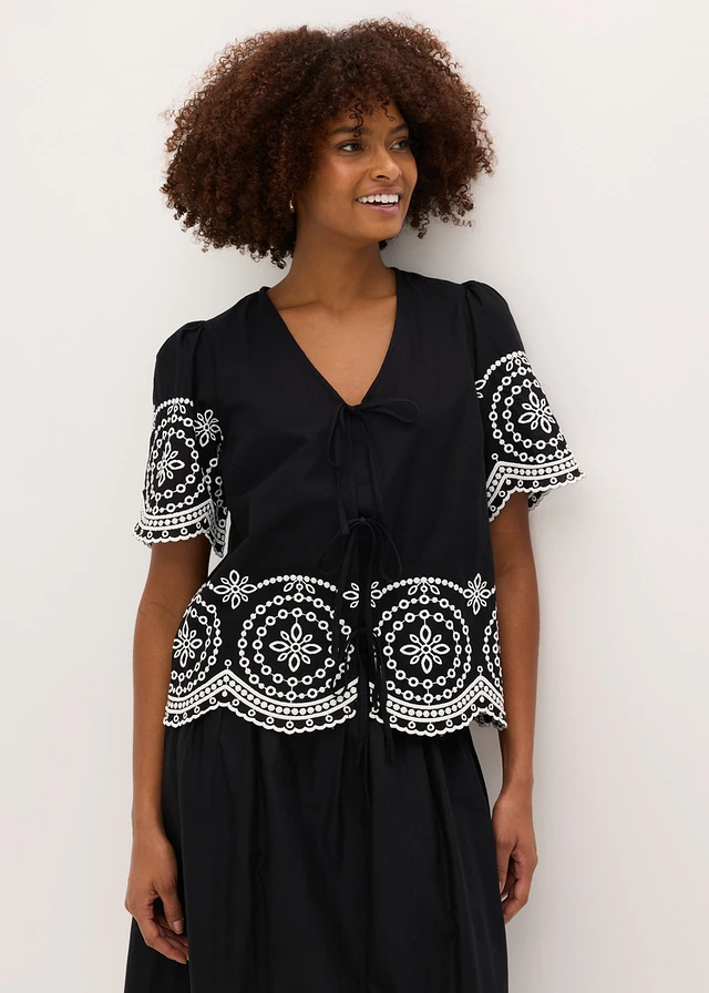 Blouse en broderie anglaise 100% coton, Couleur: noir / blanc