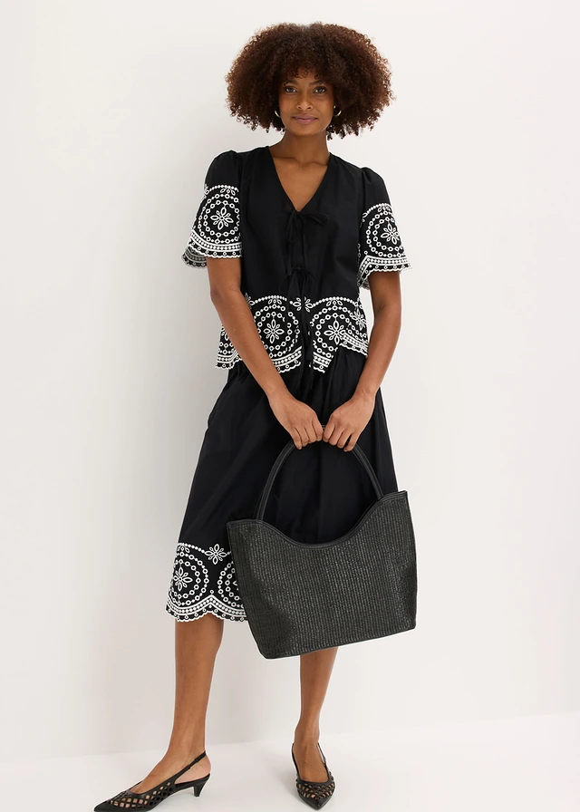 Blouse en broderie anglaise 100% coton, Couleur: noir / blanc