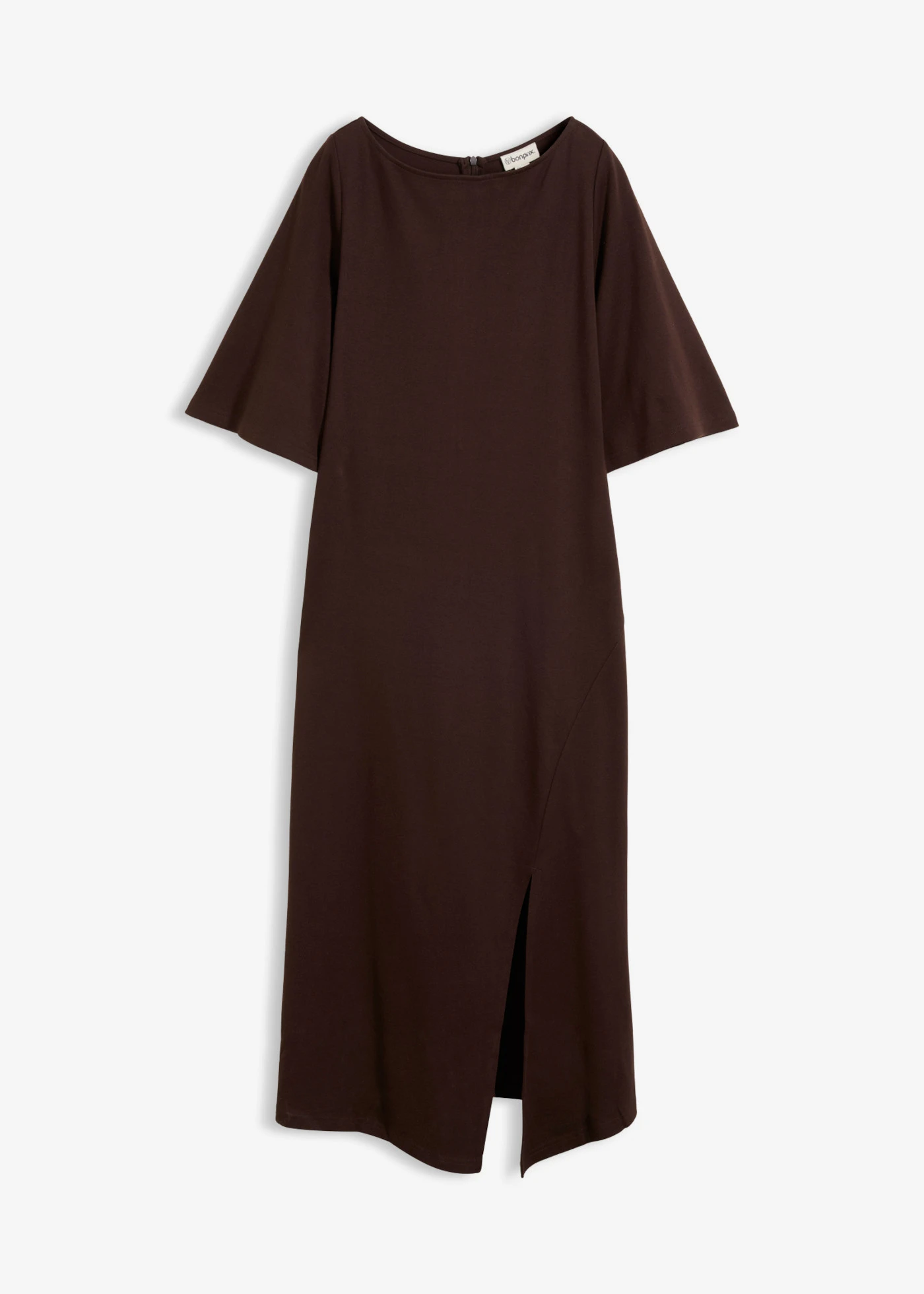 Jersey jurk met split van puur biologisch katoen • donkerbruin • bonprix online shop