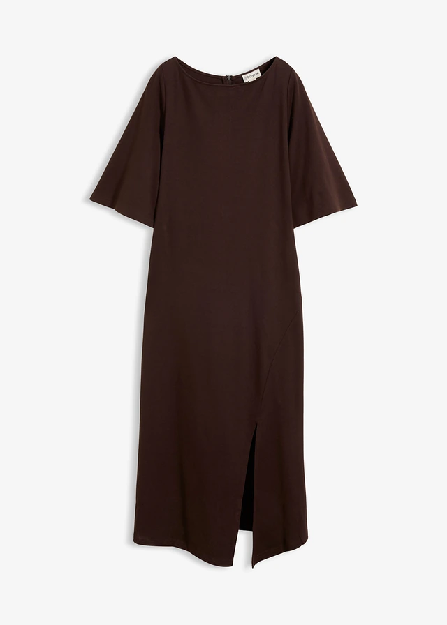 Jersey jurk met split van puur biologisch katoen • donkerbruin • bonprix online shop