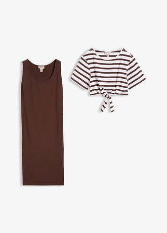 Robe de grossesse et d’allaitement avec T-shirt (ens. 2 pces) • marron foncé-blanc rayé • Boutique bonprix
