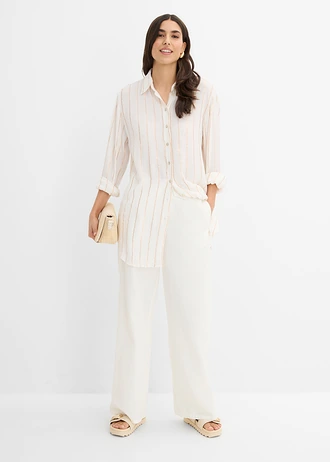 Lange blouse met glittereffect, Kleur: wit-goudkleur gestreept