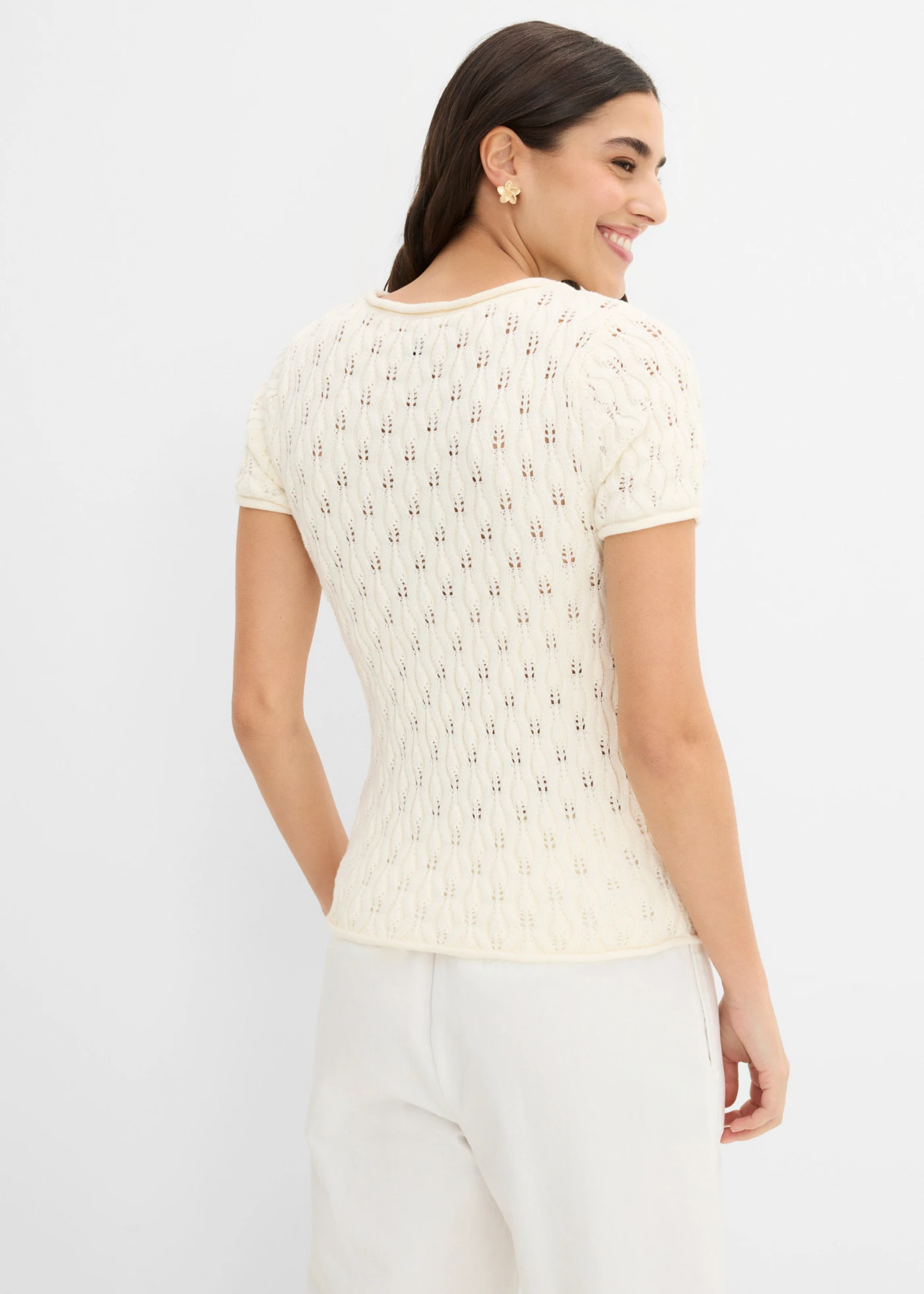 Sweter ażurowy z bawełny • biały perłowy • sklep bonprix