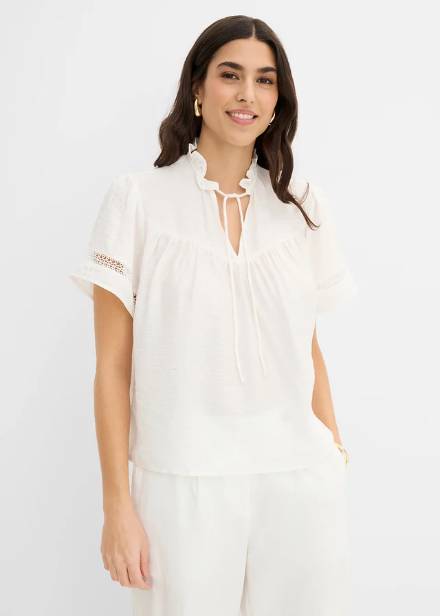 Blouse manches courtes  avec dentelle, Couleur: blanc nacré